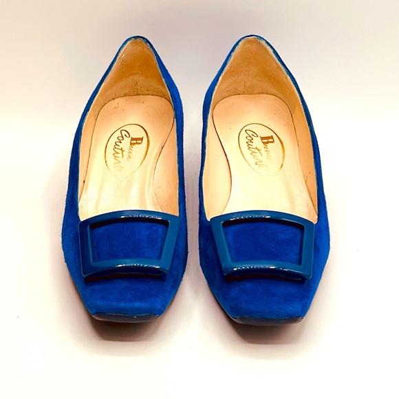 New Luxury Italian Brown Couture Blue 1” Heel Suede W/Buckle Size 36.5, US 6 - Picture 4 of 6